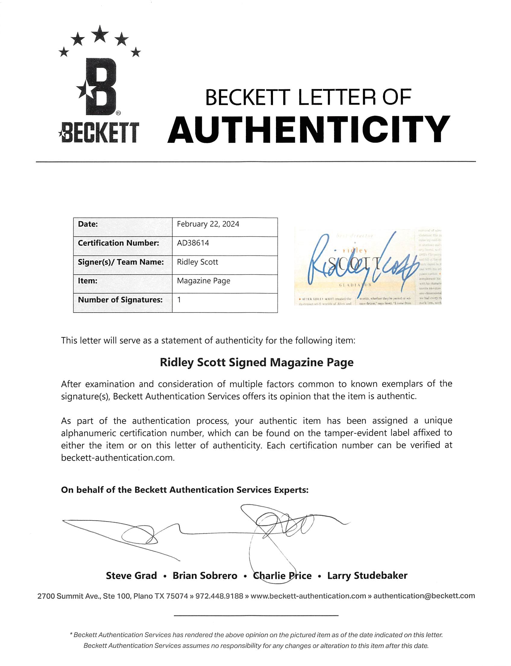 Ridley Scott Authentic Signed 8x10.5 Magazine Page Autographed BAS LOA #AD38614