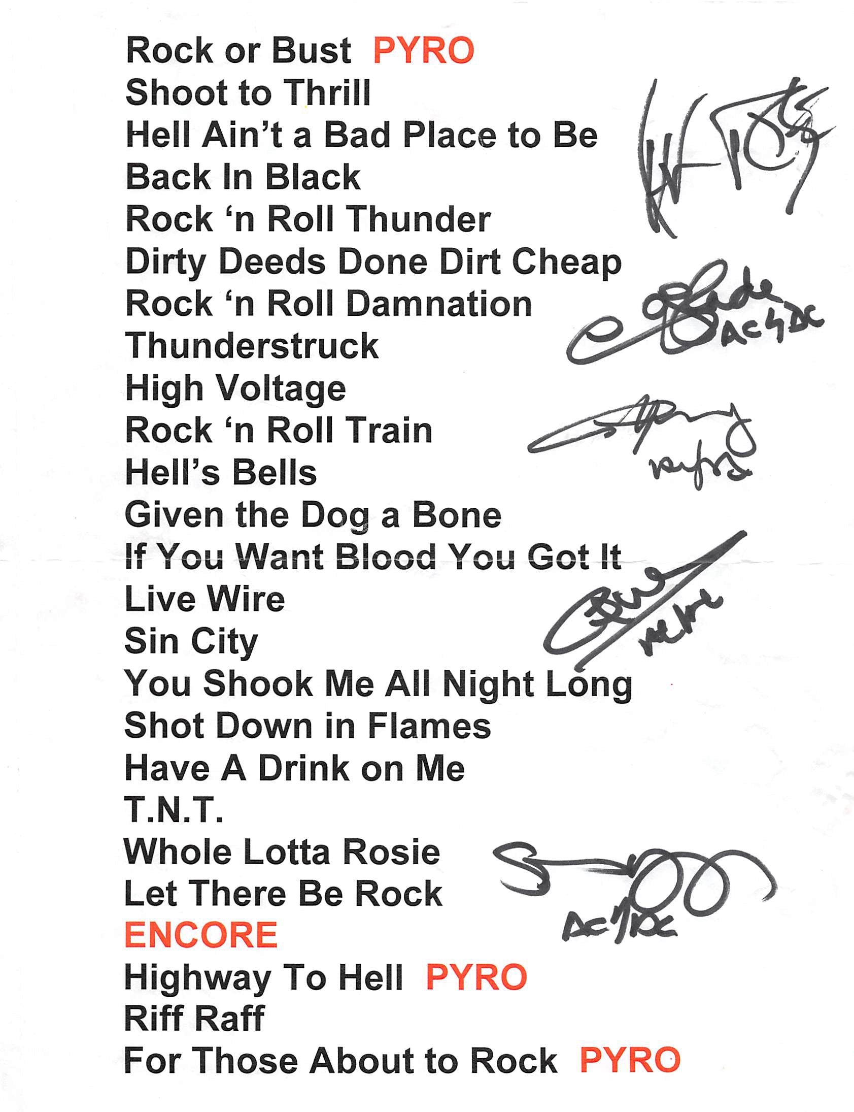 AC/DC (5) Young, Slade, Williams, Young & Rose Signed 2016 Tour Setlist BAS COA