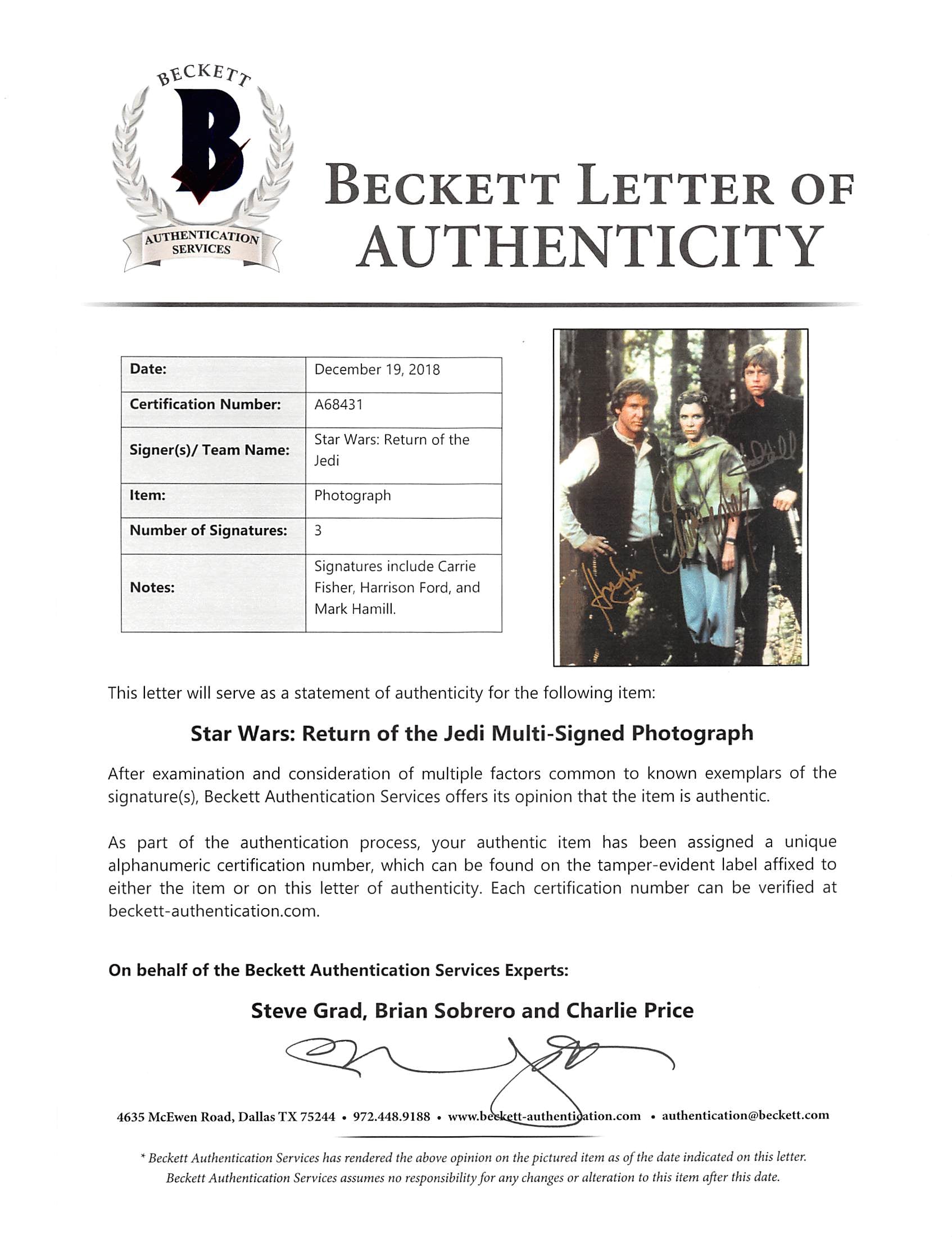 Star Wars (3) Ford, Hamill & Fisher  Authentic Signed 10x13.75 Photo BAS #A68431