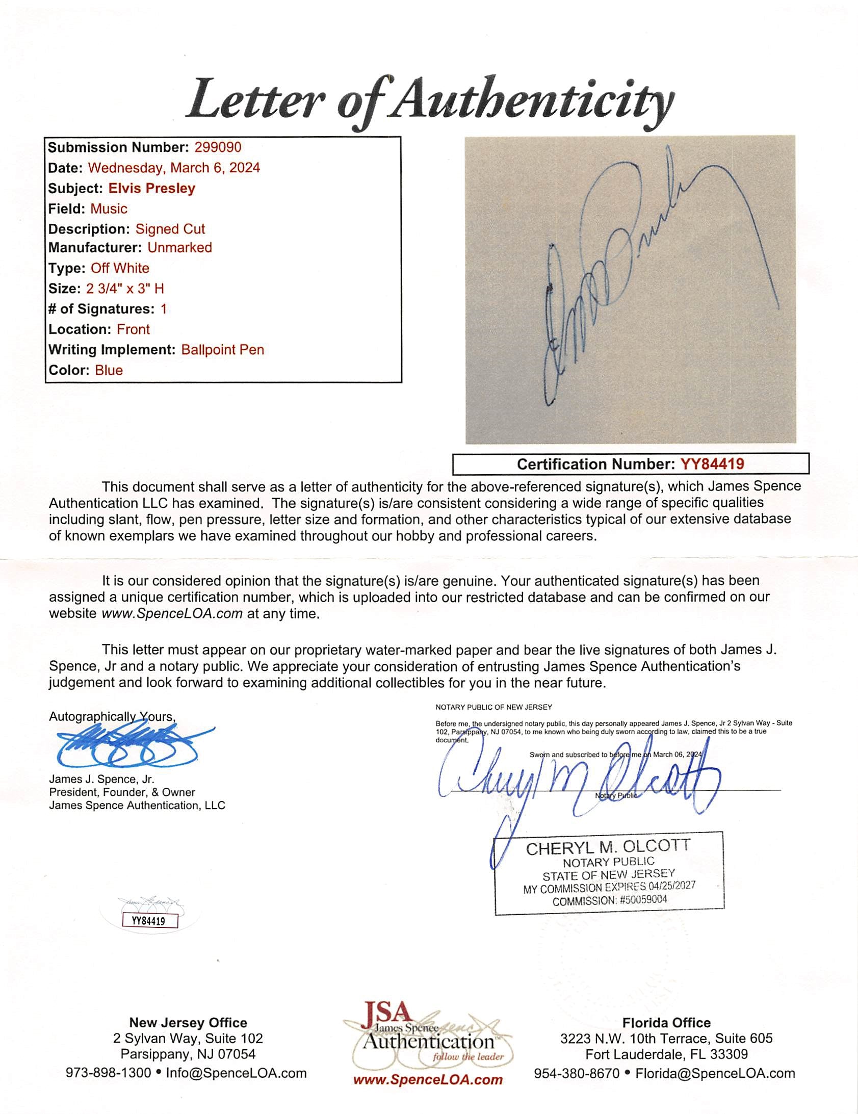 Elvis Presley Authentic Signed & Framed Cut Signature JSA #YY84419