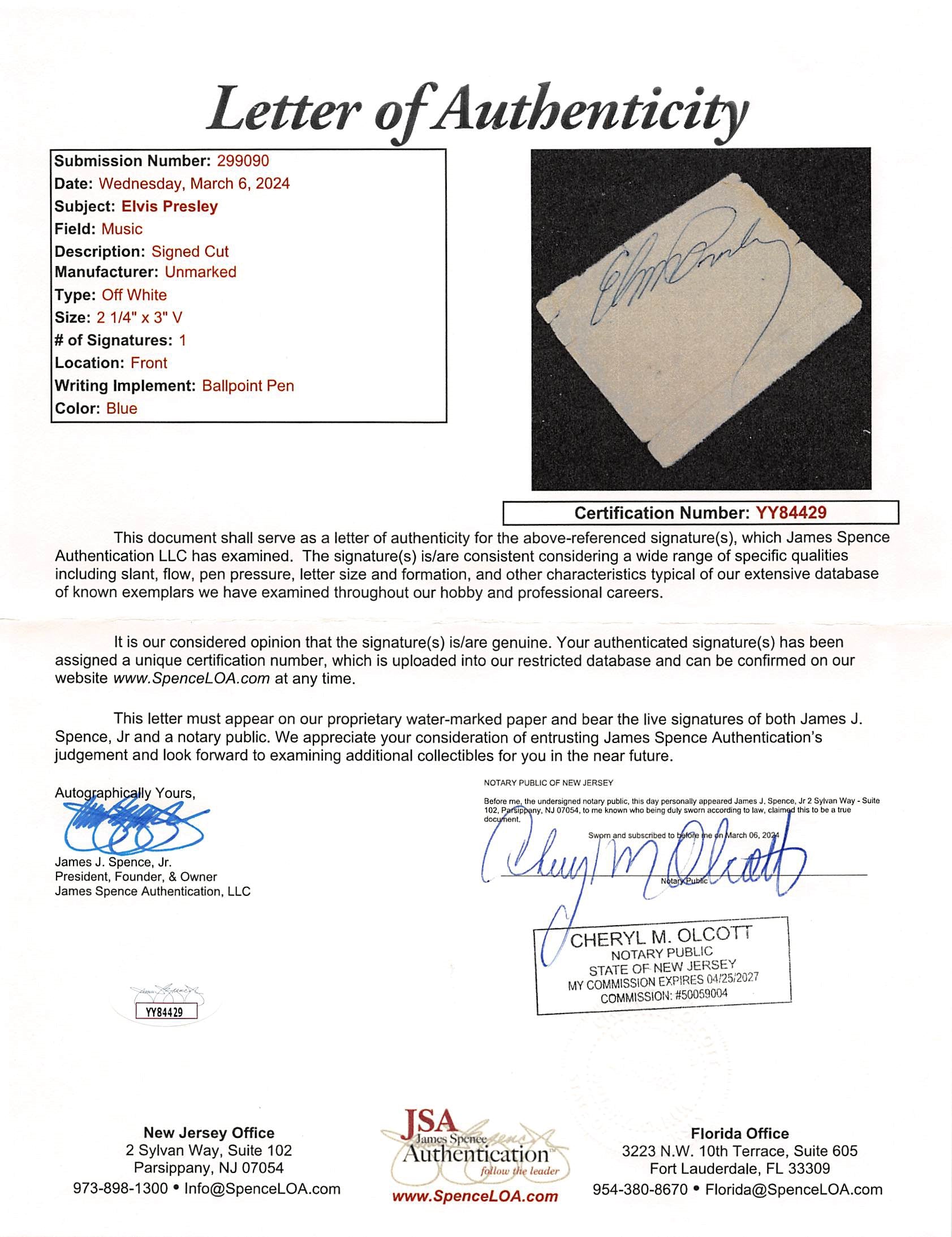 Elvis Presley Authentic Signed & Framed Cut Signature JSA #YY84429