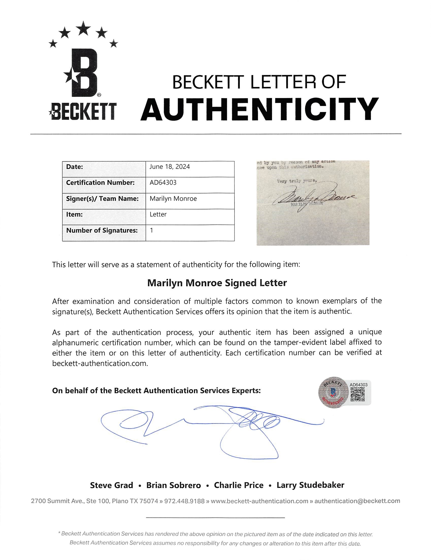 Marilyn Monroe Signed 8.5x11 1950 William Morris Agency Agreement BAS #AD64303