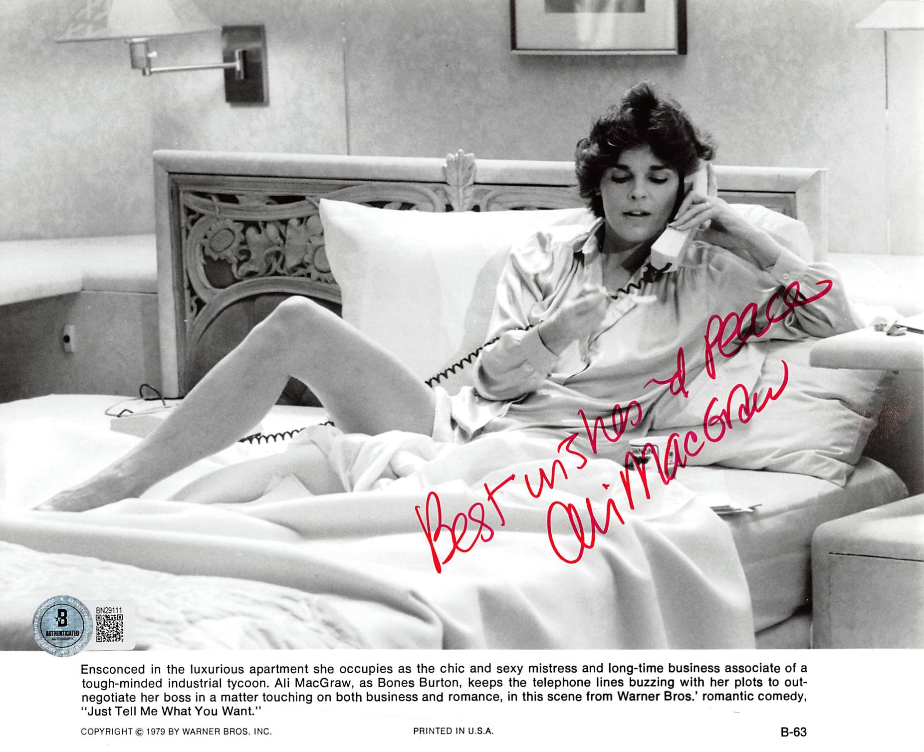 Ali MacGraw Just Tell Me What You Want Signed 7.5x9.5 Photo BAS #BN29111