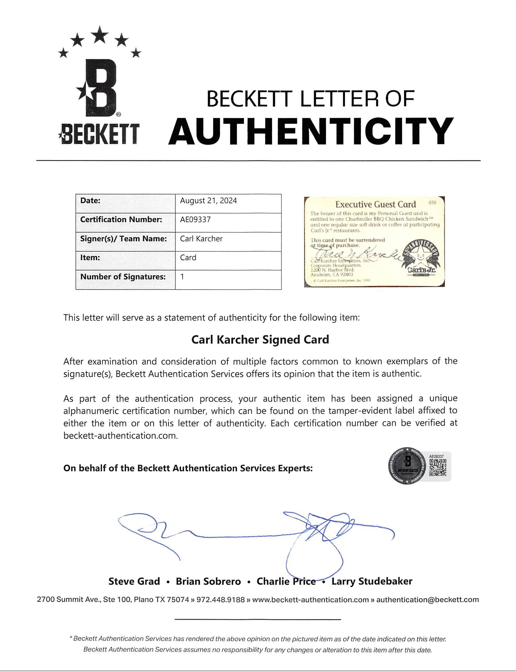Carl Karcher Carl's Jr. Signed & Framed Executive Guest Card Card BAS #AE09337