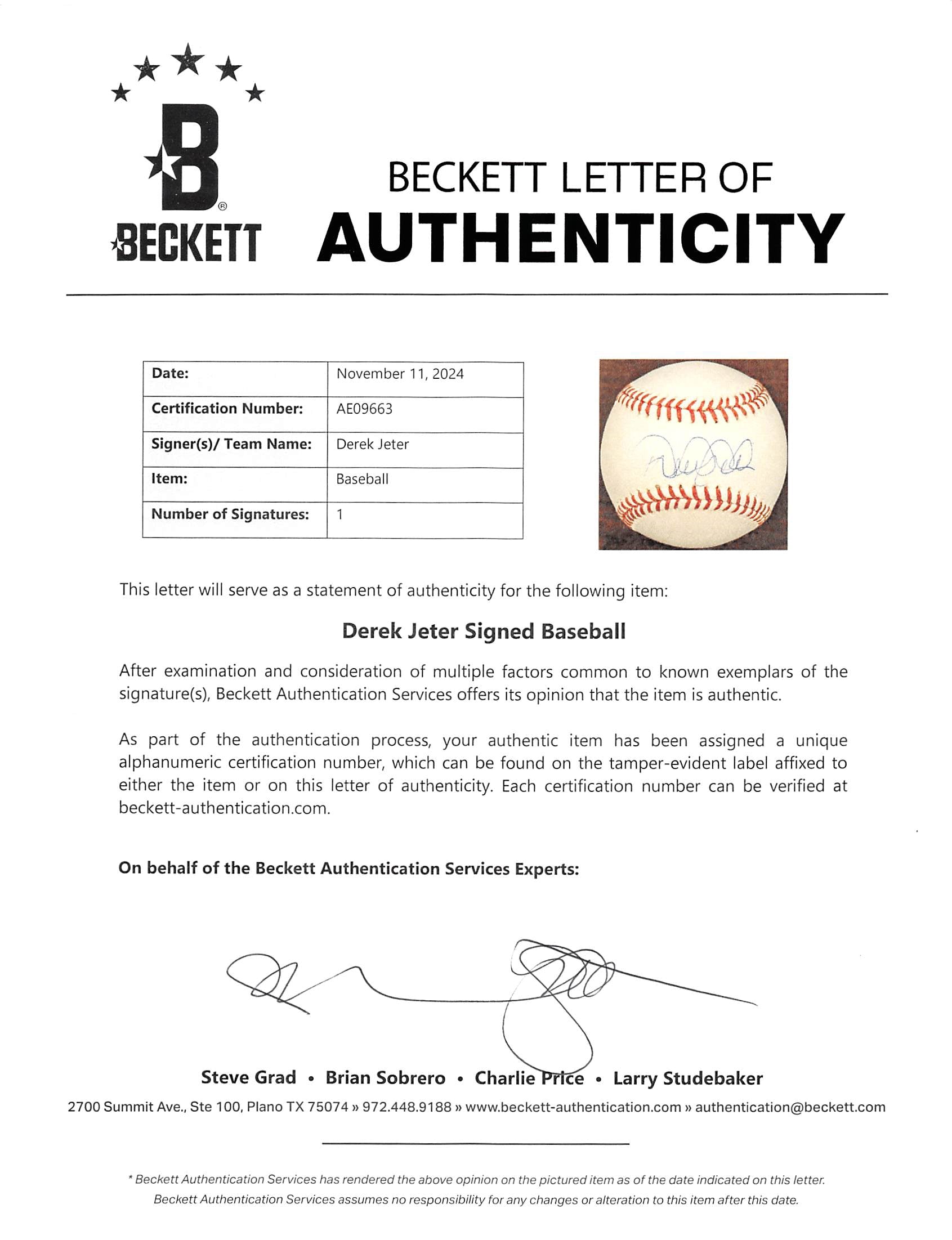 Yankees Derek Jeter Authentic Signed Manfred Oml Baseball BAS #AE09663