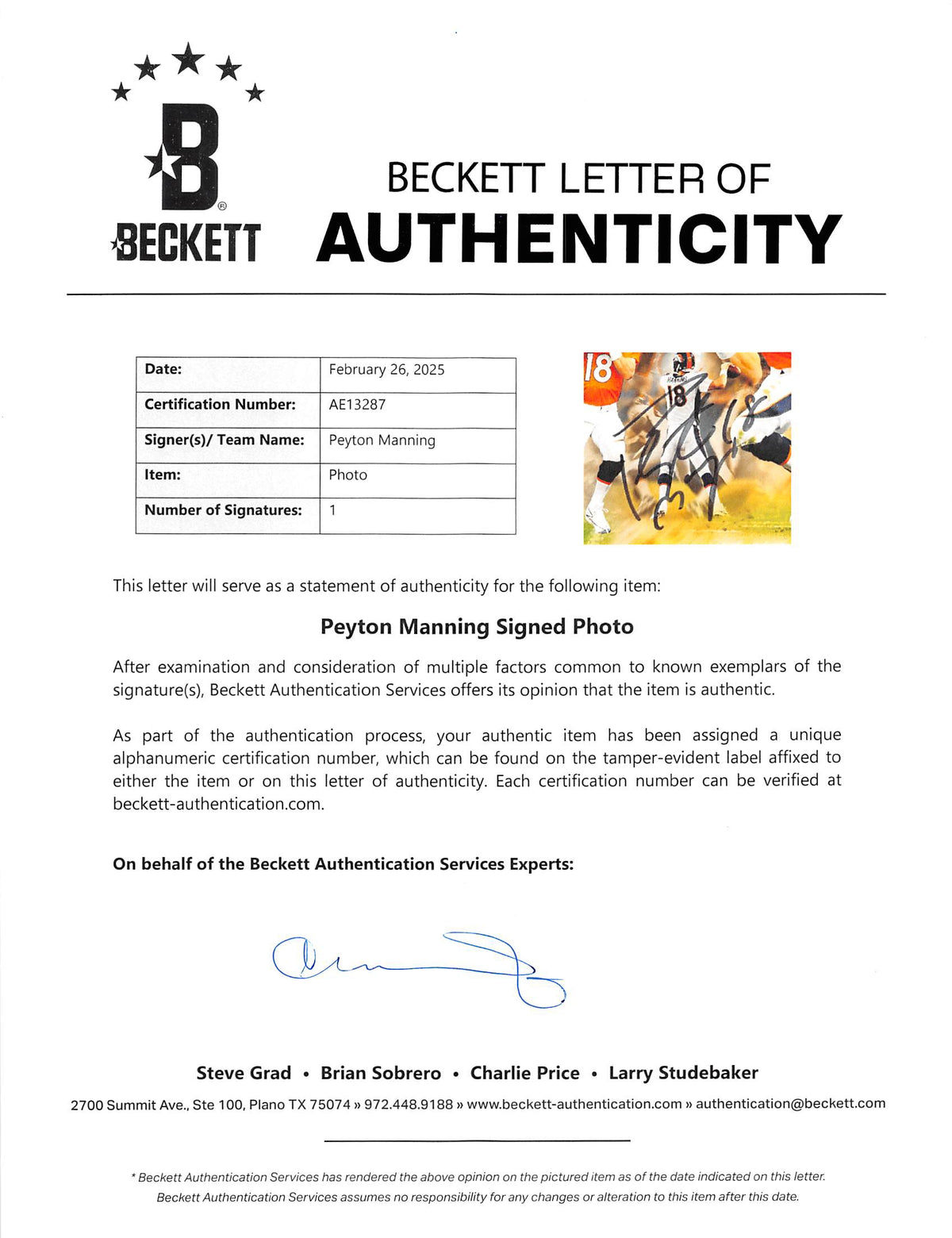 Broncos Peyton Manning Authentic Signed 8x10 Collage Photo BAS #AE13287
