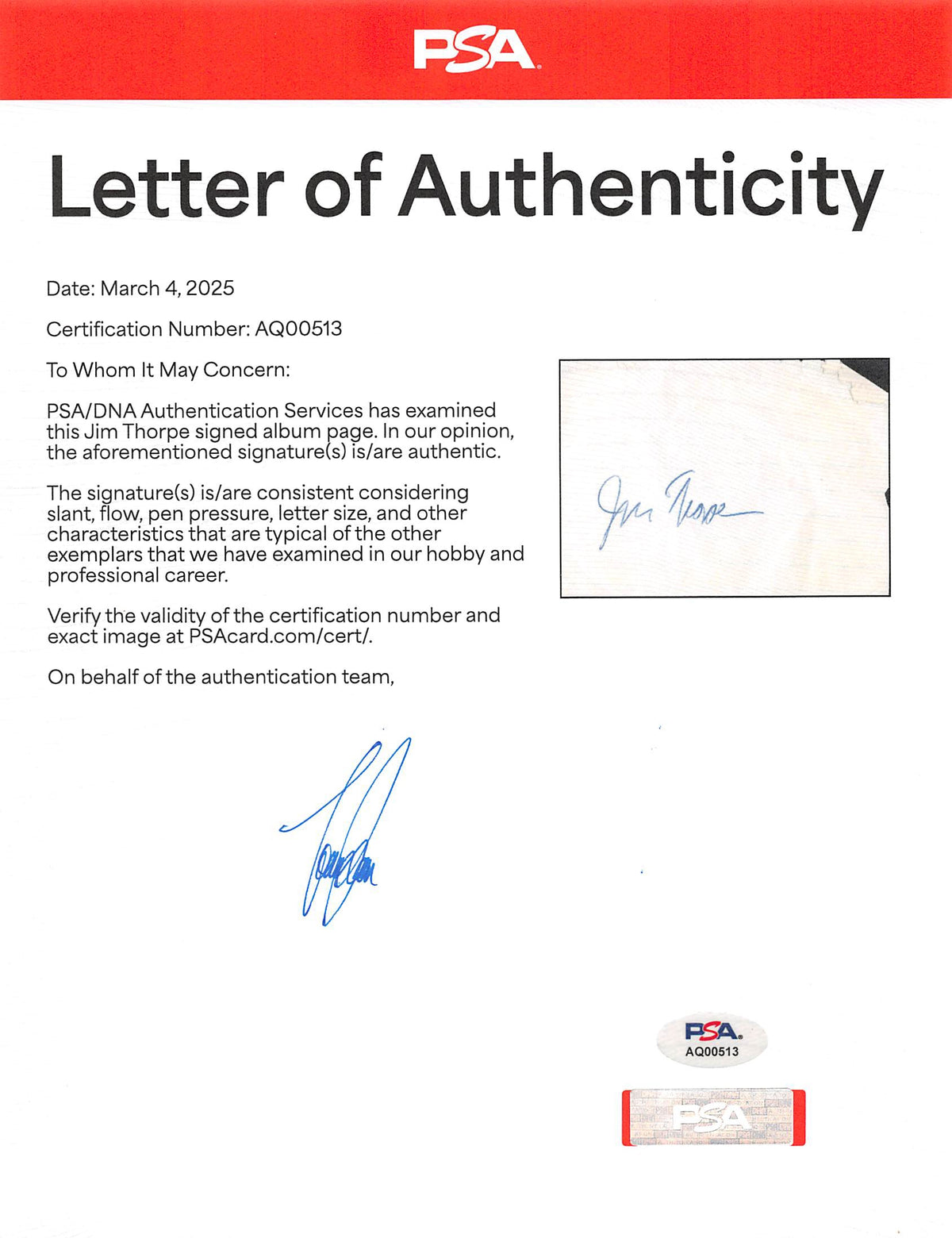 Jim Thorpe Authentic Signed 4x6 Cut Signature PSA/DNA #AQ00513