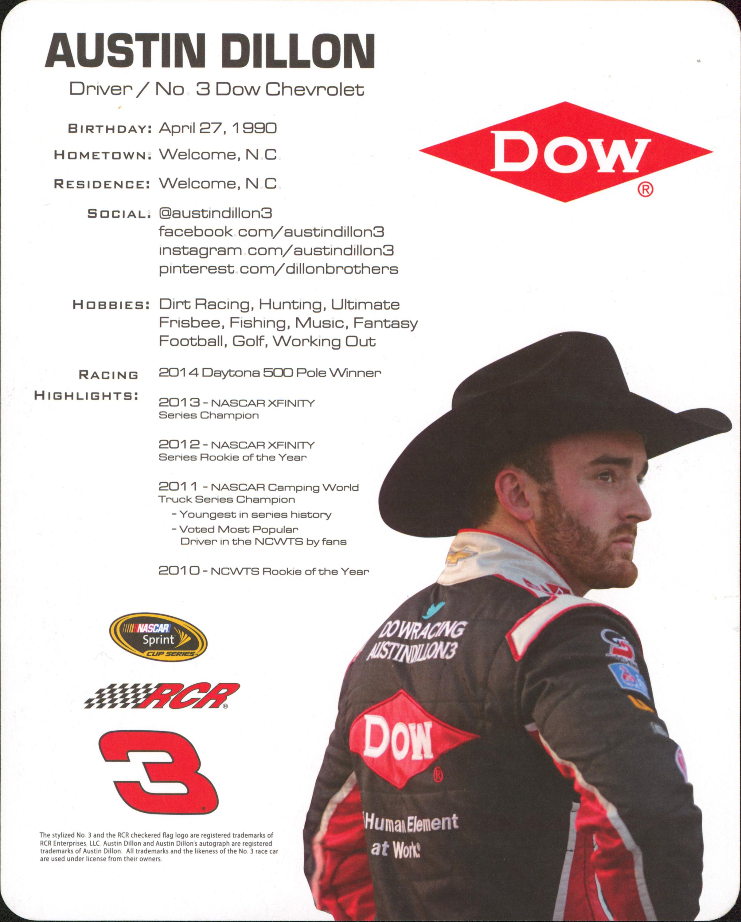 NASCAR Austin Dillon Authentic Signed 8x10 Promotional Card JSA #AY28697