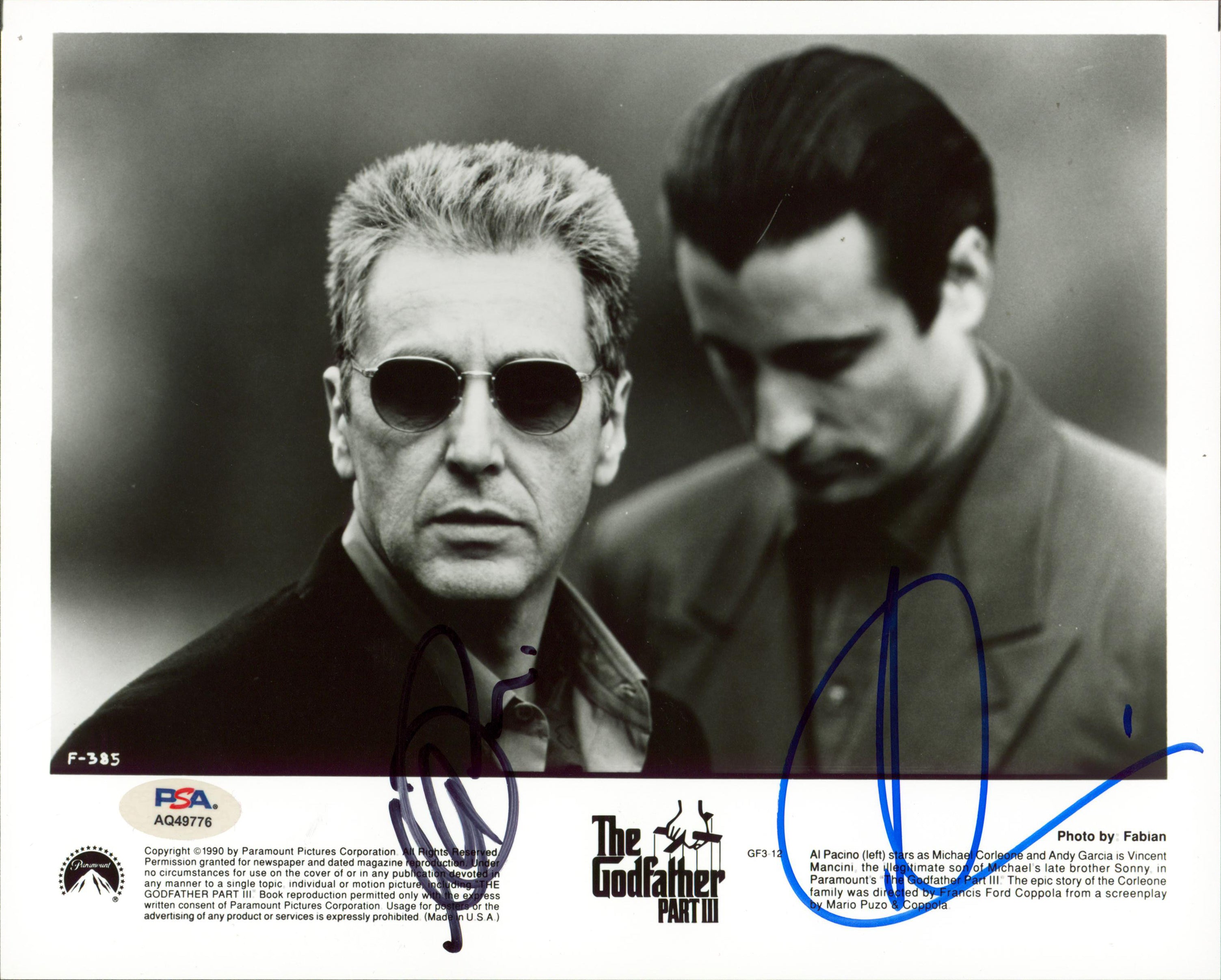 Al Pacino & Andy Garcia The Godfather III Signed 8x10 Promo Photo PSA #AQ49776