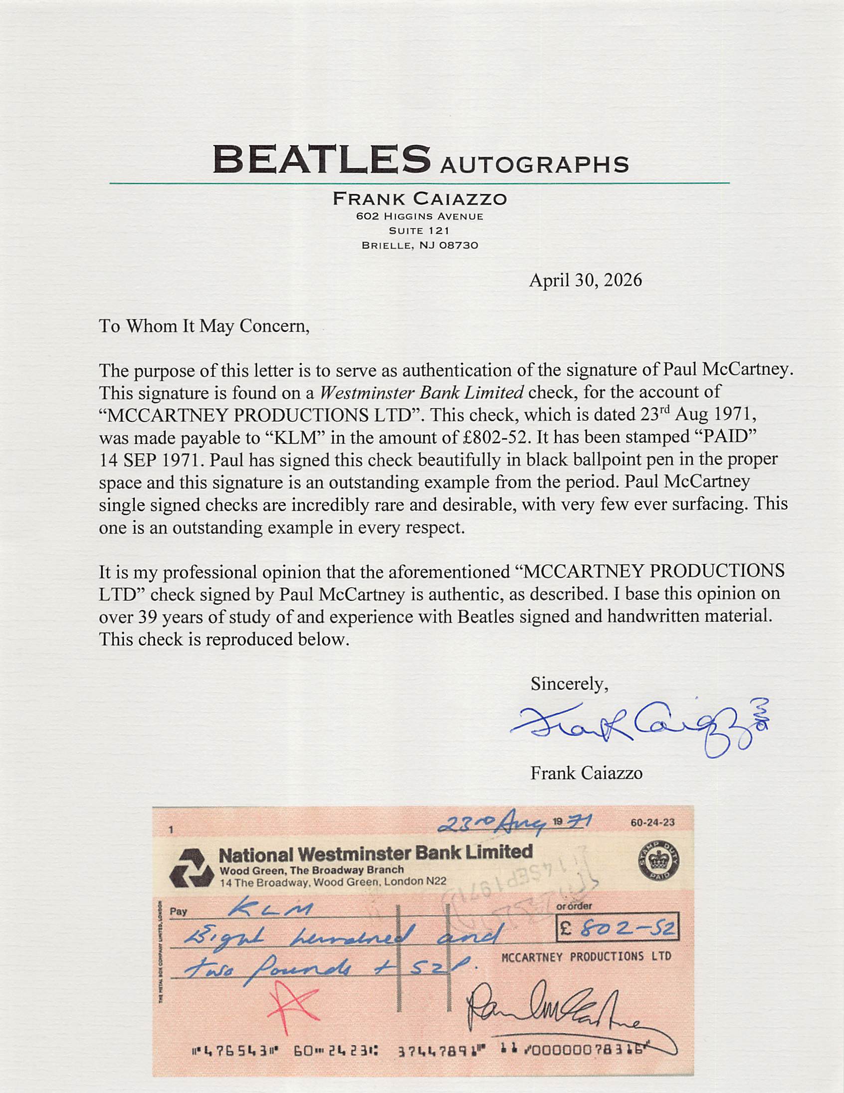 Paul McCartney Signed 3.25x6.25 1971 McCartney Productions Ltd Check PSA Slabbed