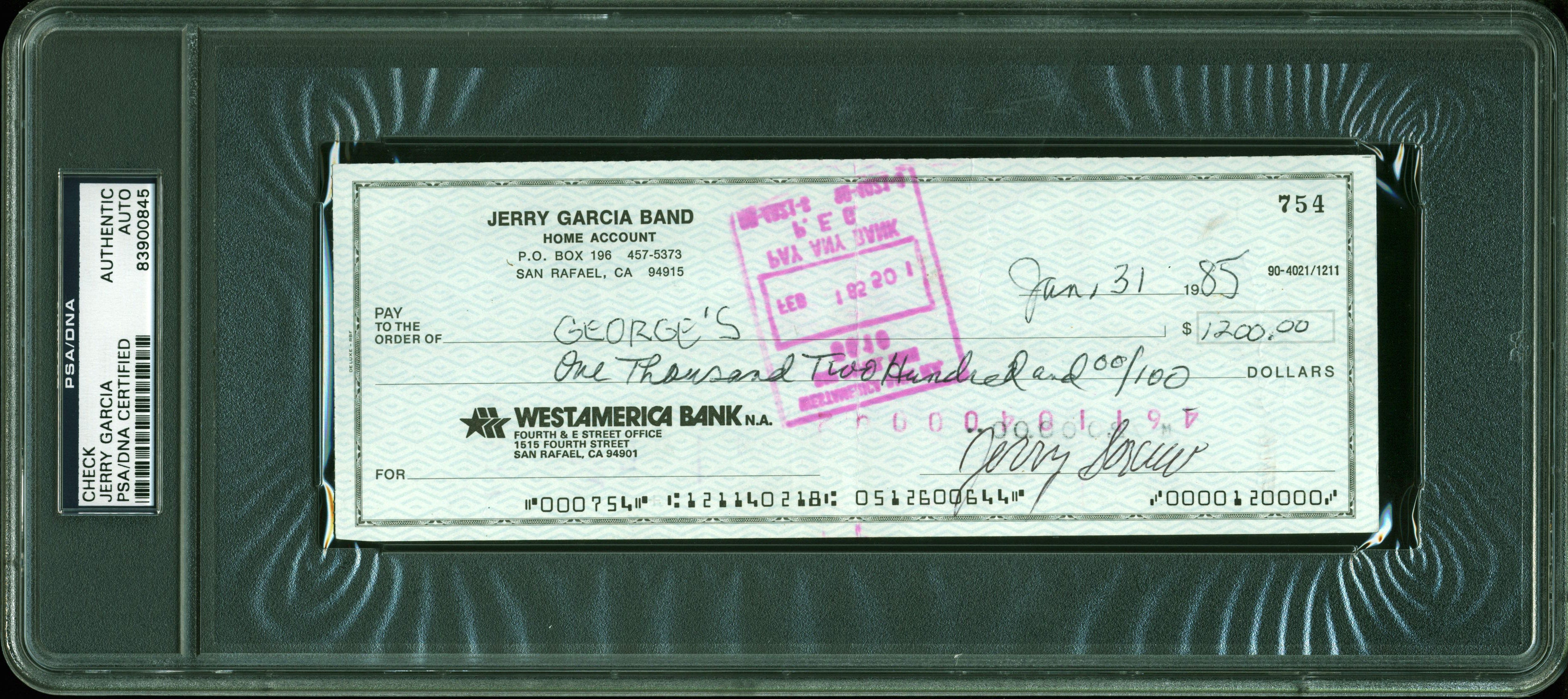 Jerry Garcia Grateful Dead Signed 3x8.25 Check Dated June 31, 1985 PSA Slabbed