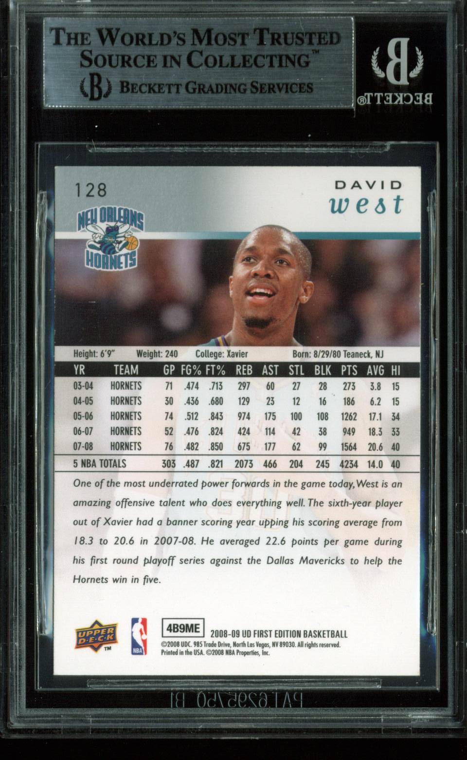 Hornets David West Authentic Signed Card 2008 UD First Edition #128 BAS Slabbed