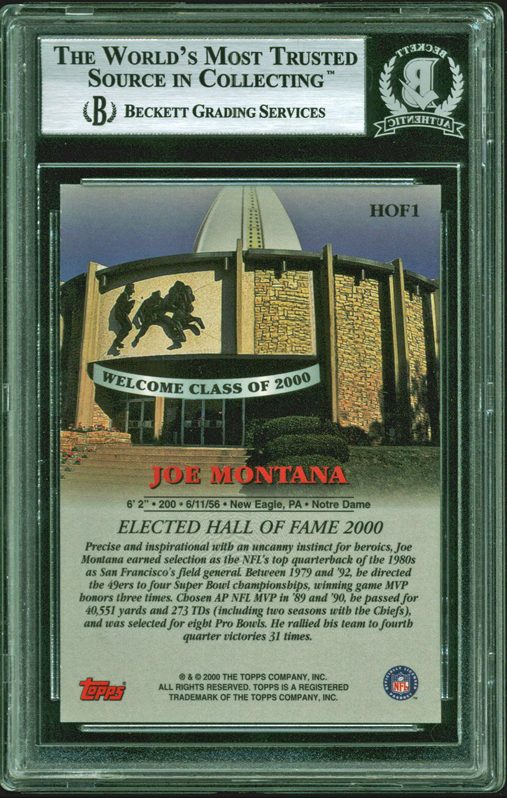 49ers Joe Montana  Signed 2000 Topps Hall Of Fame Class #HOF1 Card BAS Slabbed