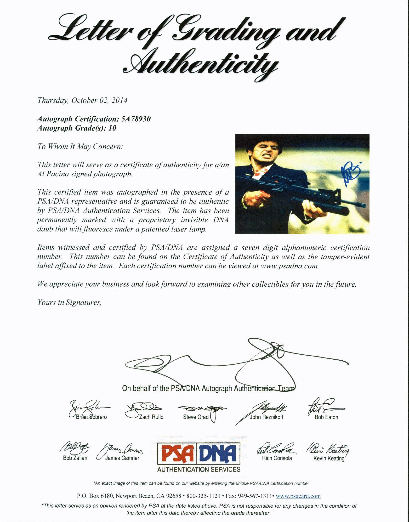 Al Pacino Scarface Signed 11X14 Photo Graded Perfect 10! PSA/DNA ITP #5A78930
