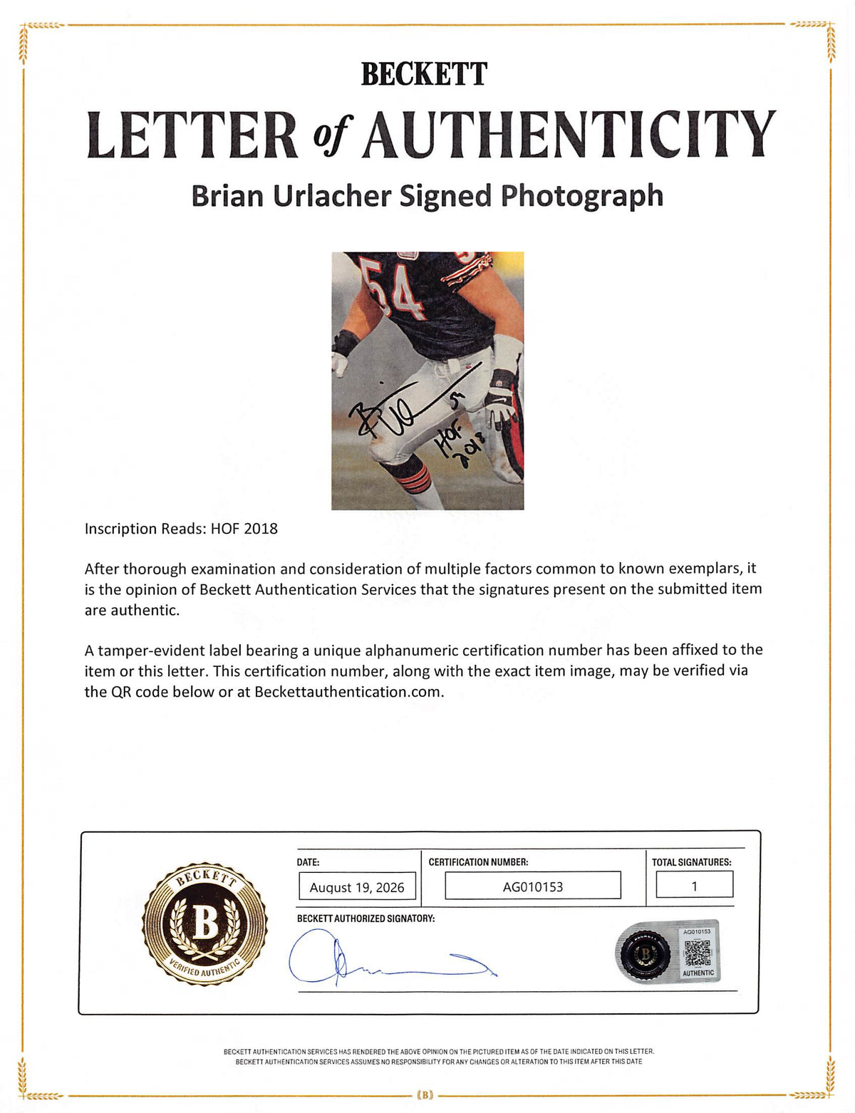 Bears Brian Urlacher "HOF 18" Authentic Signed 16x20 Framed Photo BAS #AG010153