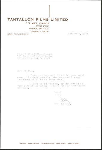 Sean Connery Signed 1972 7.75x11x75 Letter On Tantallon Films Ltd Letterhead BAS