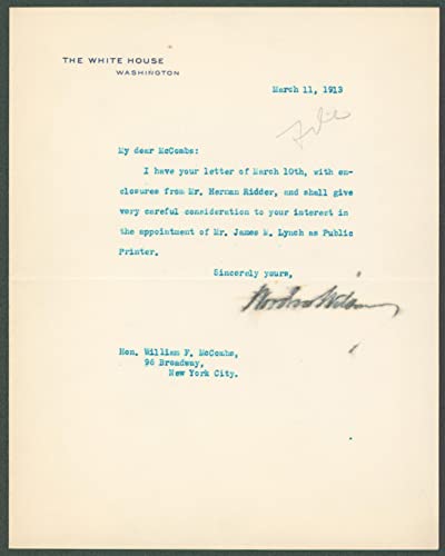 Woodrow Wilson Signed 7x8.8 1913 Letter On White House Letterhead BAS #AB14531