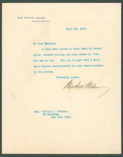 Woodrow Wilson Signed 7x8.8 1913 Letter On White House Letterhead BAS #AB14532