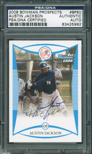 Yankees Austin Jackson Authentic Signed Card 2008 Bowman Rc Bp50 PSA/DNA Slabbed