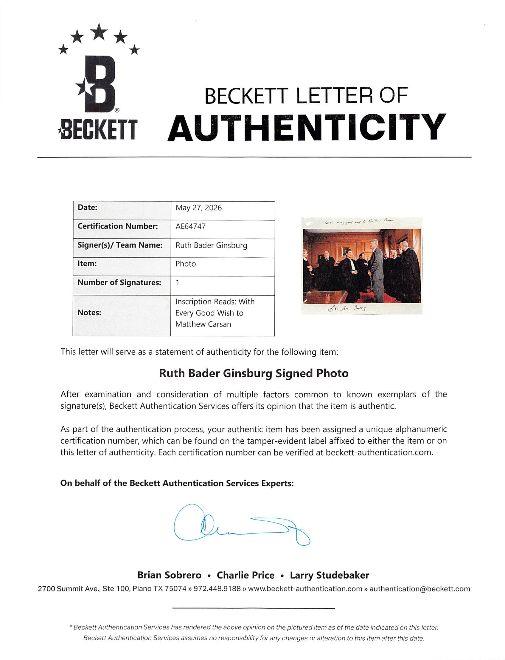 Ruth Bader Ginsberg USSCJ Authentic Signed 8x10 Horizontal Photo BAS #AE64747