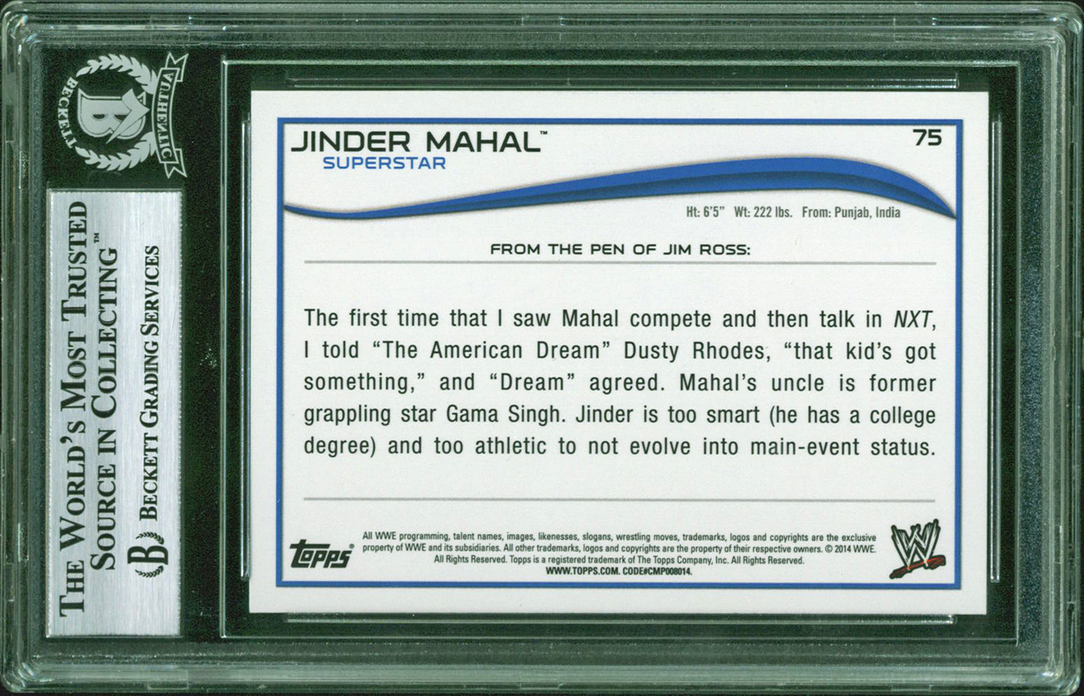 Jinder Mahal Authentic Signed 2014 Topps WWE #75 Auto Card BAS Slabbed #11977138