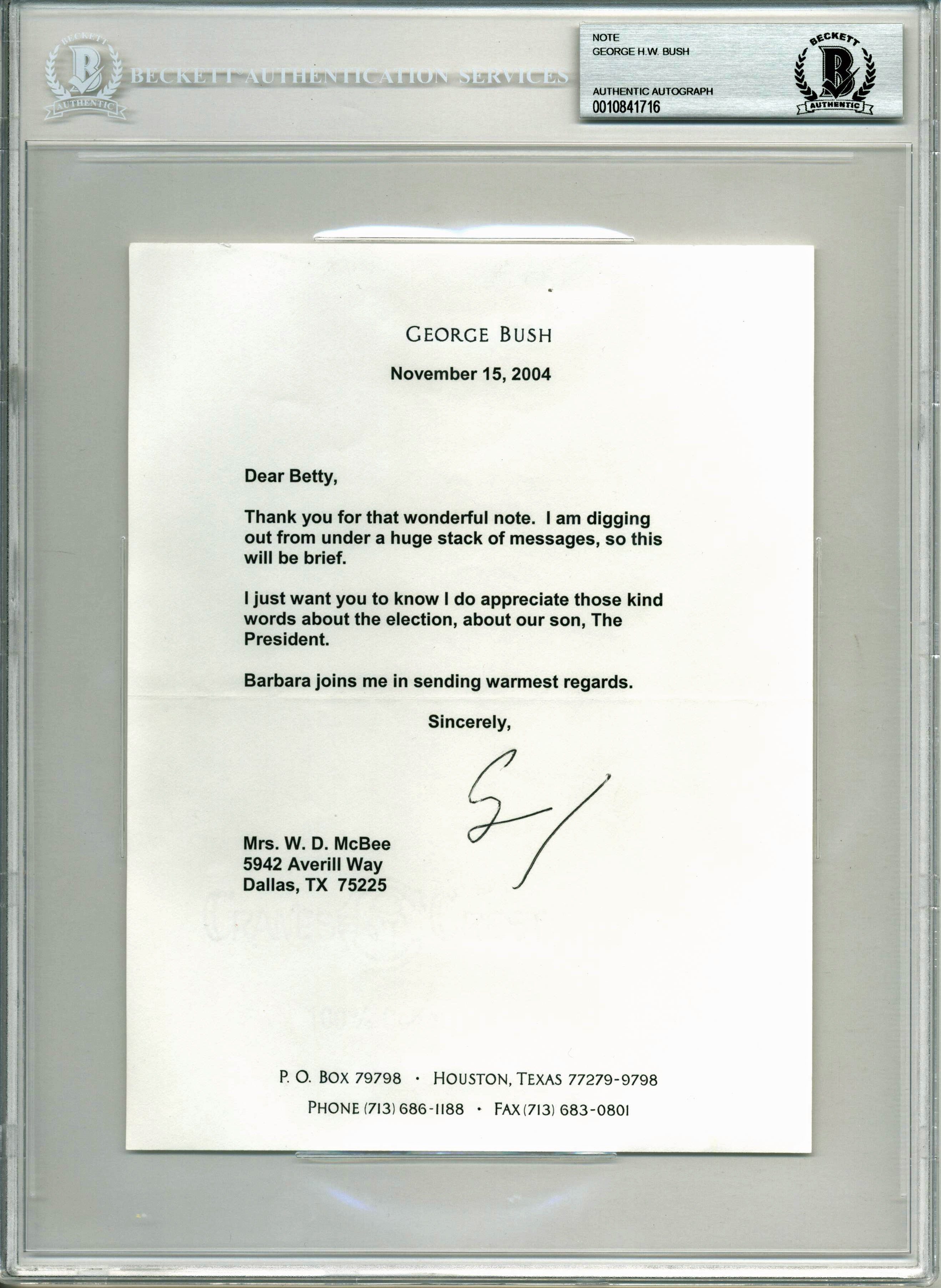 George H.W. Bush Signed 6.4x8.5 Letter Dated November 15, 2004 BAS Slabbed