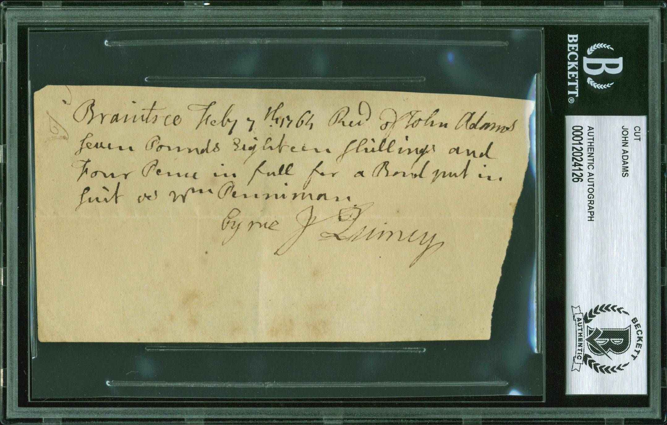 John Adams Authentic Signed 2.75x5.25 Handwritten Document BAS Slabbed