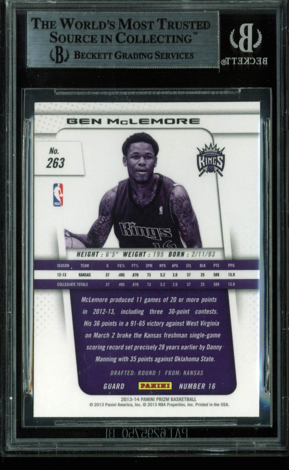 Kings Ben Mclemore Authentic Signed Card 2013 Panini Prizm RC #263 BAS Slabbed