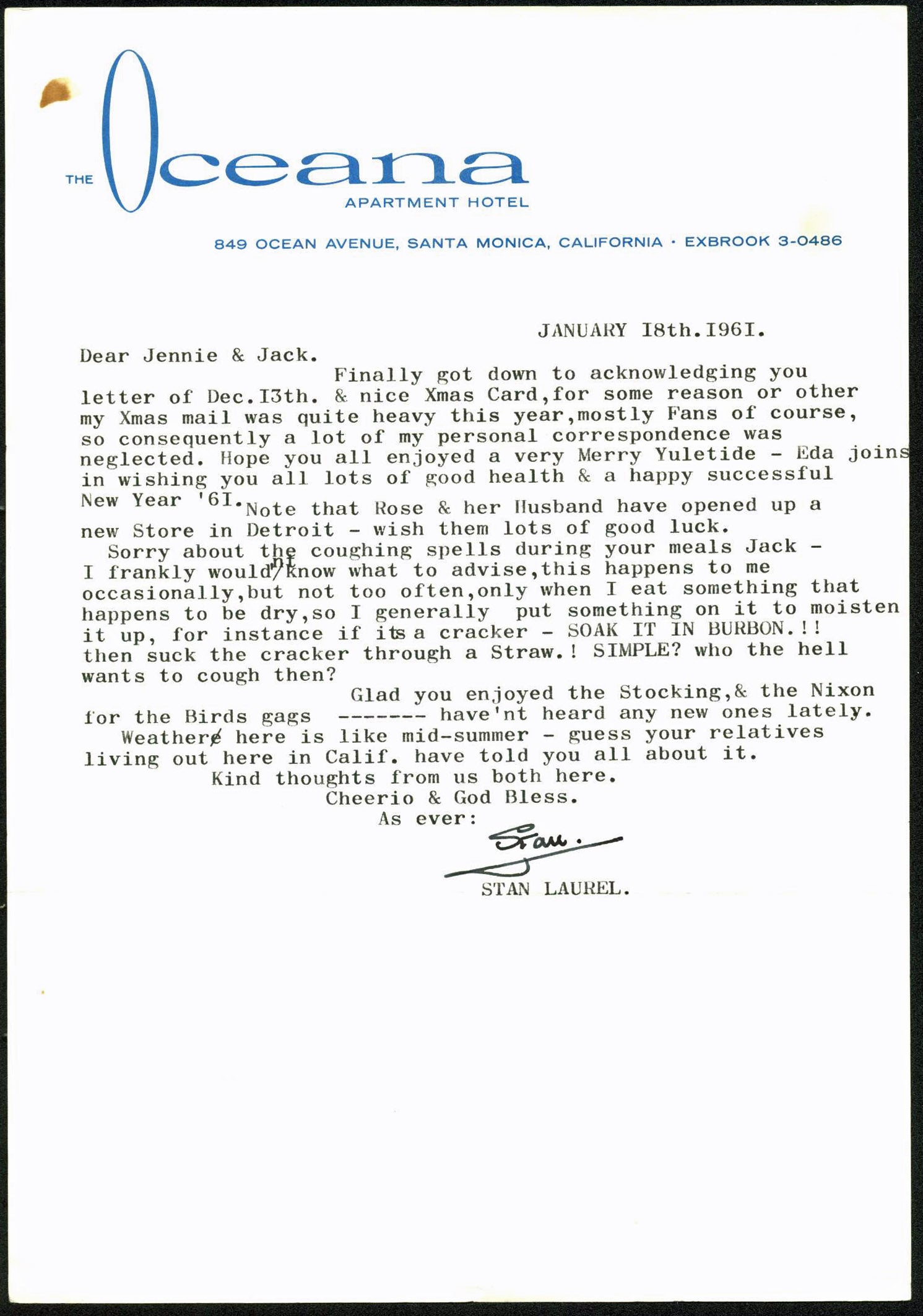 Stan Laurel Authentic Signed 7.25x10.5 1961 Oceana Hotel Letter PSA/DNA #Z08546
