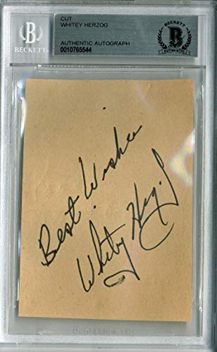 Yankees Whitey Herzog "Best Wishes" Signed 2.5x3.5 Cut Signature BAS Slabbed