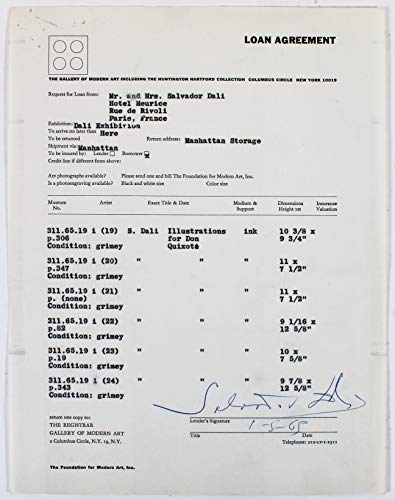 Salvador Dali Authentic Signed 8.5x11 Loan Document Dated 1-5-1965 BAS #A57677