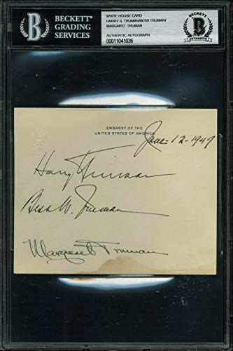 Harry S., Bess & Margaret Truman Signed 4.25x5.25 US Embassy Card BAS Slabbed