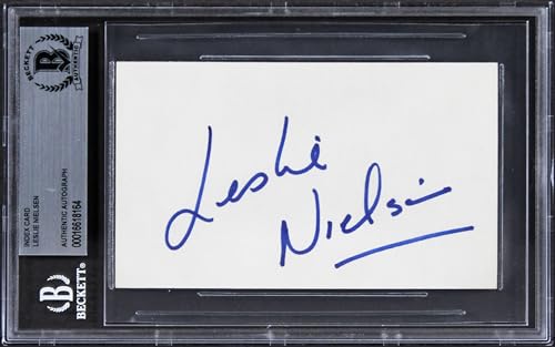 Leslie Nielsen Airplane! Authentic Signed 3x5 Index Card Autographed BAS Slabbed