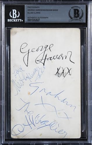 George Harrison, Graham Nash & Allan Clarke Signed 3.5x5.5 Photo BAS Slabbed