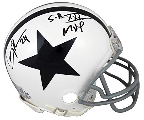 Cowboys Larry Brown "SB XXX MVP" Signed 2004 Throwback Rep Mini Helmet BAS Wit