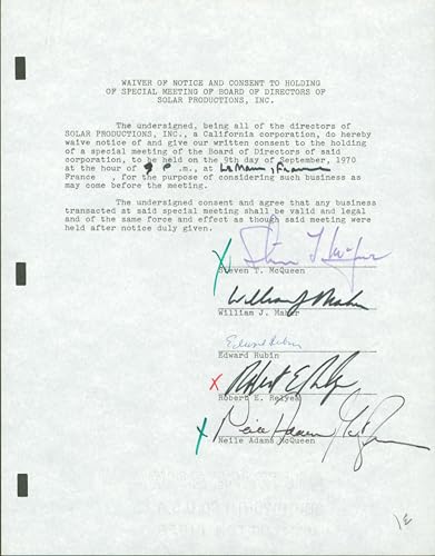 Steve McQueen Signed 8.5x11 1970 Solar Products BOD Contract Signature Page BAS