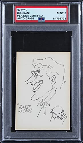 Bob Kane "Bats Wishes" Signed 2.75x4 Joker Sketch Auto Graded 9! PSA/DNA Slabbed