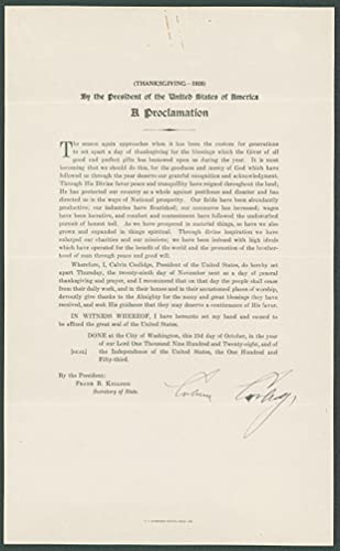 Calvin Coolidge Signed 8x13 1928 Thanksgiving Proclamation Document JSA #BB62326