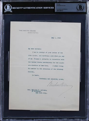 Woodrow Wilson Signed 7x8.75 1914 Letter On White House Letterhead BAS Slab