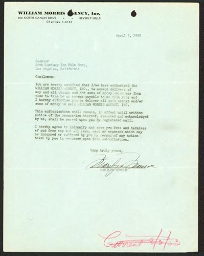 Marilyn Monroe Signed 8.5x11 1950 William Morris Agency Agreement BAS #AD64303