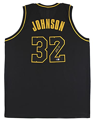 Magic Johnson Signed Black Pro Style Jersey Black Numbers Gold Trim BAS Witness