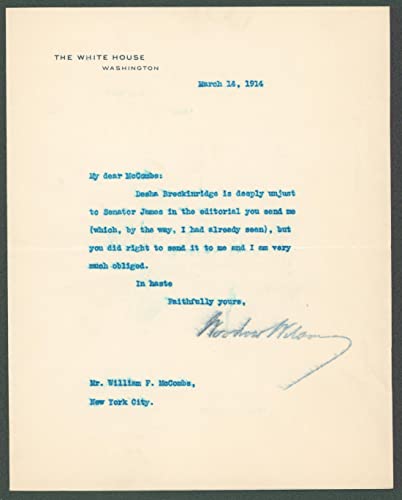 Woodrow Wilson Signed 7x8.8 1914 Letter On White House Letterhead BAS #AB14543