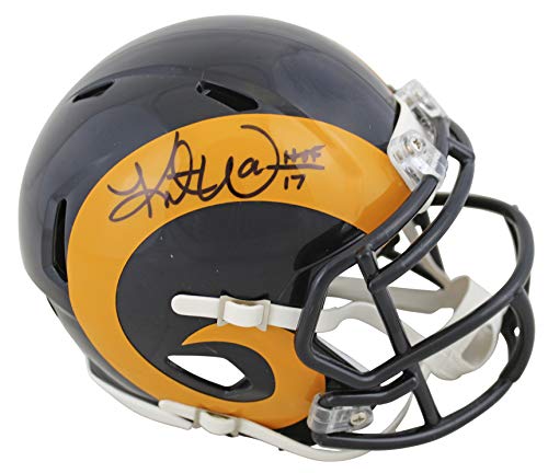 Rams Kurt Warner "HOF 17"  Signed Yellow Horn Speed Mini Helmet BAS Witnessed