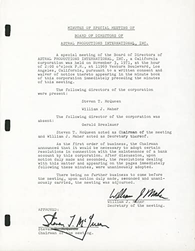 Steve McQueen Authentic Signed 8.5x11 1971 Astral Productions Document BAS