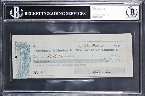 Abraham Lincoln Signed 2.75x7.5 1859 Springfield Marine & Fire Check BAS Slabbed
