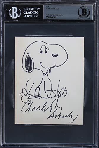 Charles Schulz Peanuts Signed 4x5.35 Cut Signature w/ Snoopy Sketch BAS Slabbed