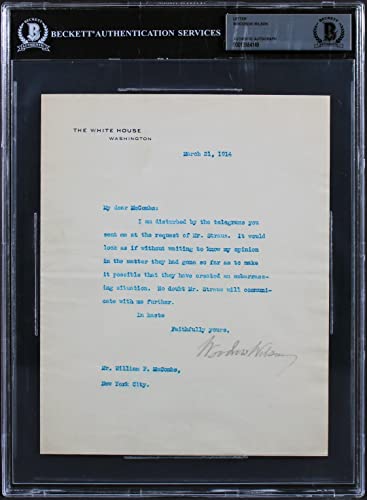 Woodrow Wilson Signed 7x8.75 1914 Letter On White House Letterhead BAS Slab