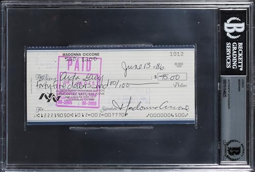 Madonna Authentic Signed 2.75x6 1986 Personal Check To Aida GreyBAS Slabbed