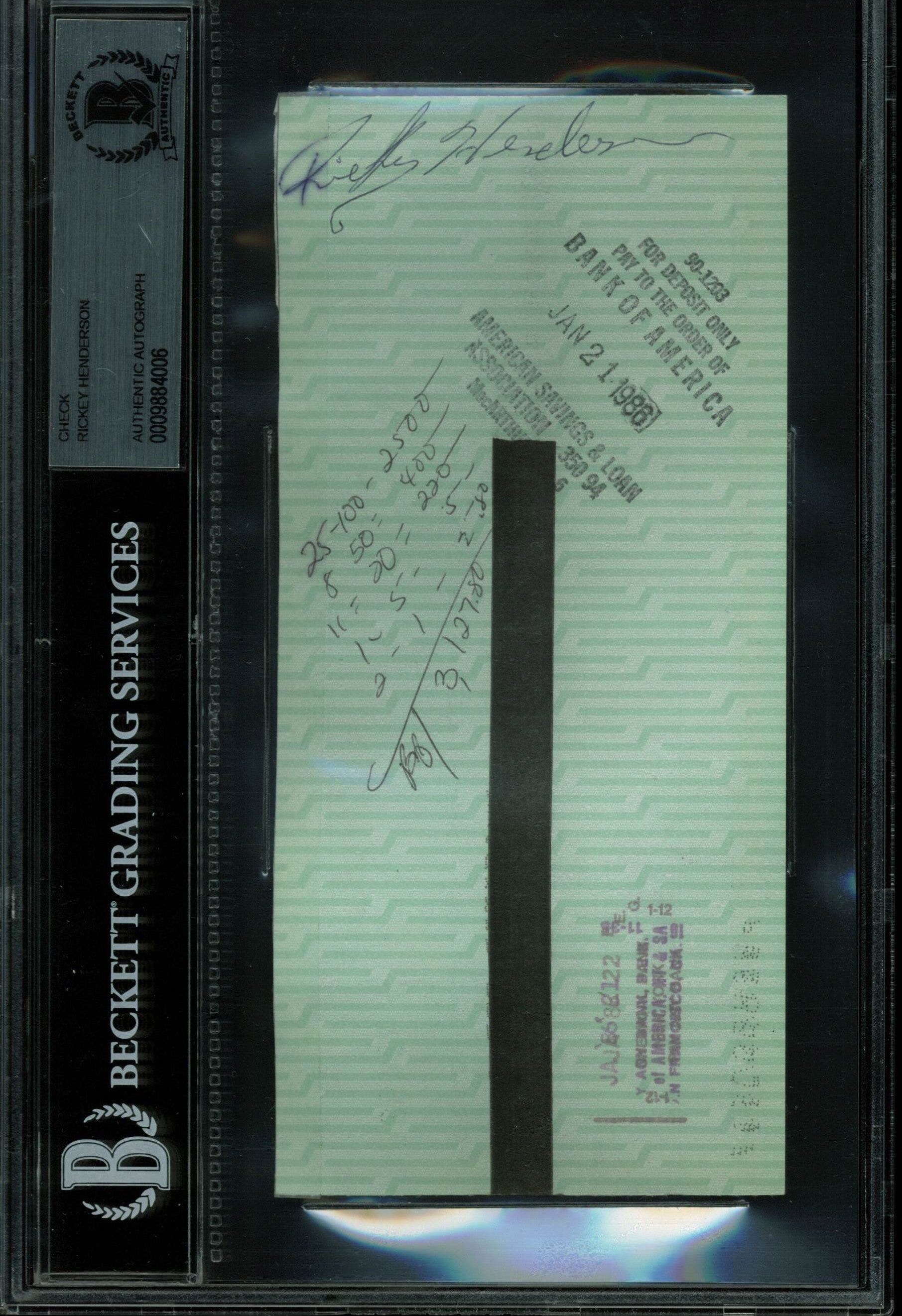 Yankees Rickey Henderson Authentic Signed 1985 Payroll Check BAS Slabbed