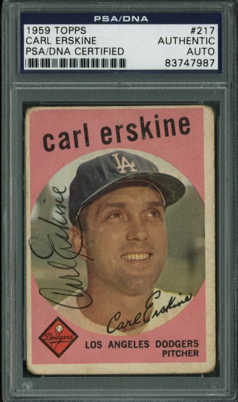 Dodgers Carl Erskine Authentic Signed Card 1959 Topps #217 PSA/DNA Slabbed